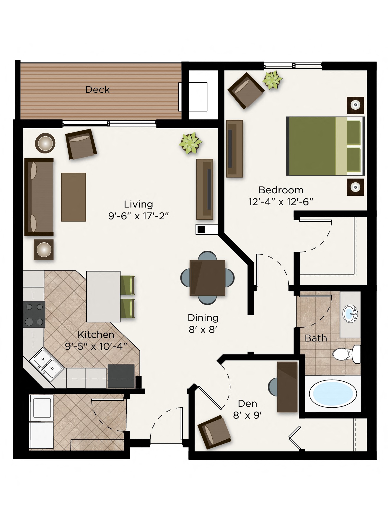 Floor plan for 1 bed, 1 bath, 969 sqft